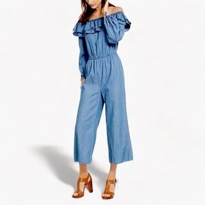MICHAEL KORS Denim Chambray RUFFLE ON/OFF SHOULDER JUMPSUIT Small …Boho casual